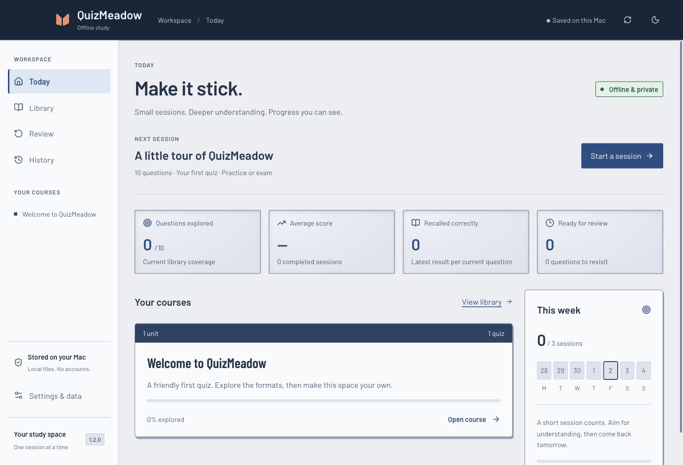 QuizMeadow in the light theme, showing the next study session, course coverage and weekly goal.